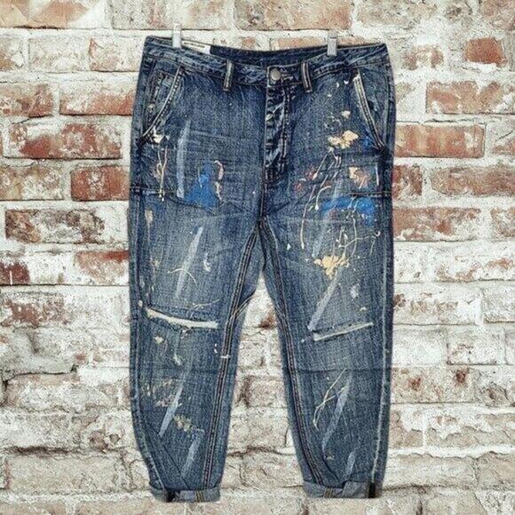 2/$50 Man X OneTeaspoon Blue Suede Tapered Jeans 34R | Designer Distressed Denim - Picture 1 of 7